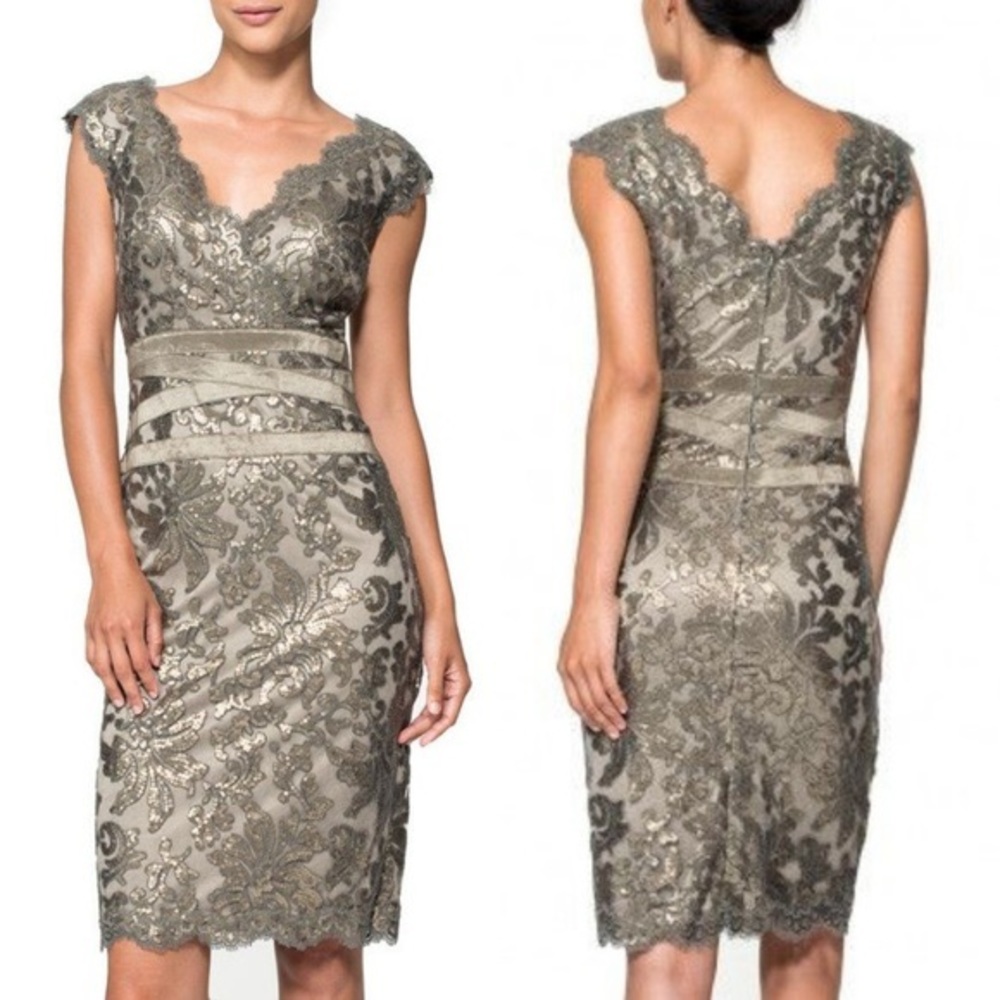 Tadashi Shoji Paillette Embroidered Lace Dress Smoke Pearl 12